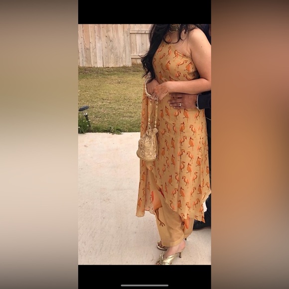 Masaba Gupta suit Flamingo Print Orange Saree with Embellished Bag - Picture 1 of 1